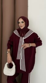 Rally Çizgili Triko İkili Takım - Bordo - Görsel 3