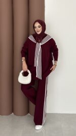 Rally Çizgili Triko İkili Takım - Bordo - Görsel 2