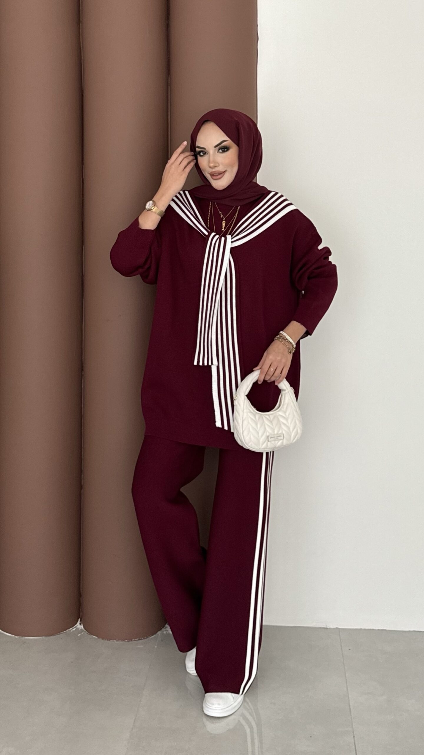 Rally Çizgili Triko İkili Takım - Bordo