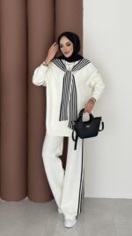 Rally Çizgili Triko İkili Takım - Beyaz - Görsel 3