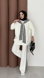 Rally Çizgili Triko İkili Takım - Beyaz - Görsel 2