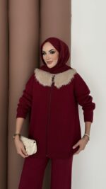 Lolita Çıkarılabilir Kürklü Triko İkili Takım - Bordo - Görsel 5