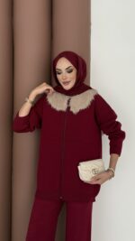 Lolita Çıkarılabilir Kürklü Triko İkili Takım - Bordo - Görsel 6