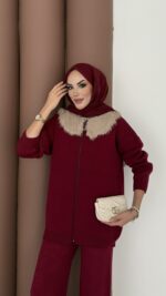 Lolita Çıkarılabilir Kürklü Triko İkili Takım - Bordo - Görsel 8