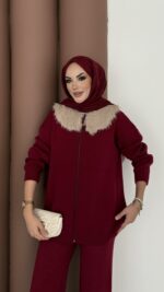 Lolita Çıkarılabilir Kürklü Triko İkili Takım - Bordo - Görsel 7