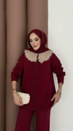 Lolita Çıkarılabilir Kürklü Triko İkili Takım - Bordo - Görsel 9