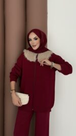 Lolita Çıkarılabilir Kürklü Triko İkili Takım - Bordo - Görsel 10