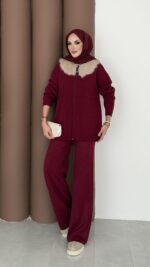Lolita Çıkarılabilir Kürklü Triko İkili Takım - Bordo - Görsel 2