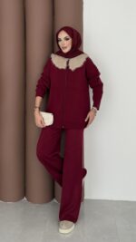 Lolita Çıkarılabilir Kürklü Triko İkili Takım - Bordo - Görsel 4