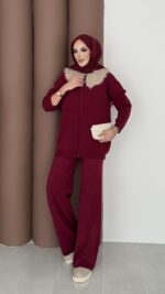 Lolita Çıkarılabilir Kürklü Triko İkili Takım - Bordo - Görsel 3