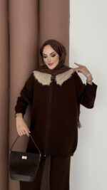 Lolita Çıkarılabilir Kürklü Triko İkili Takım - Kahverengi - Görsel 6