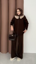 Lolita Çıkarılabilir Kürklü Triko İkili Takım - Kahverengi - Görsel 3