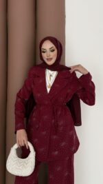 Chanell Business Taşlı İkili Takım - Bordo - Görsel 7