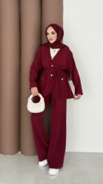 BuQlet Örgü Kemerli İkili Takım - Bordo