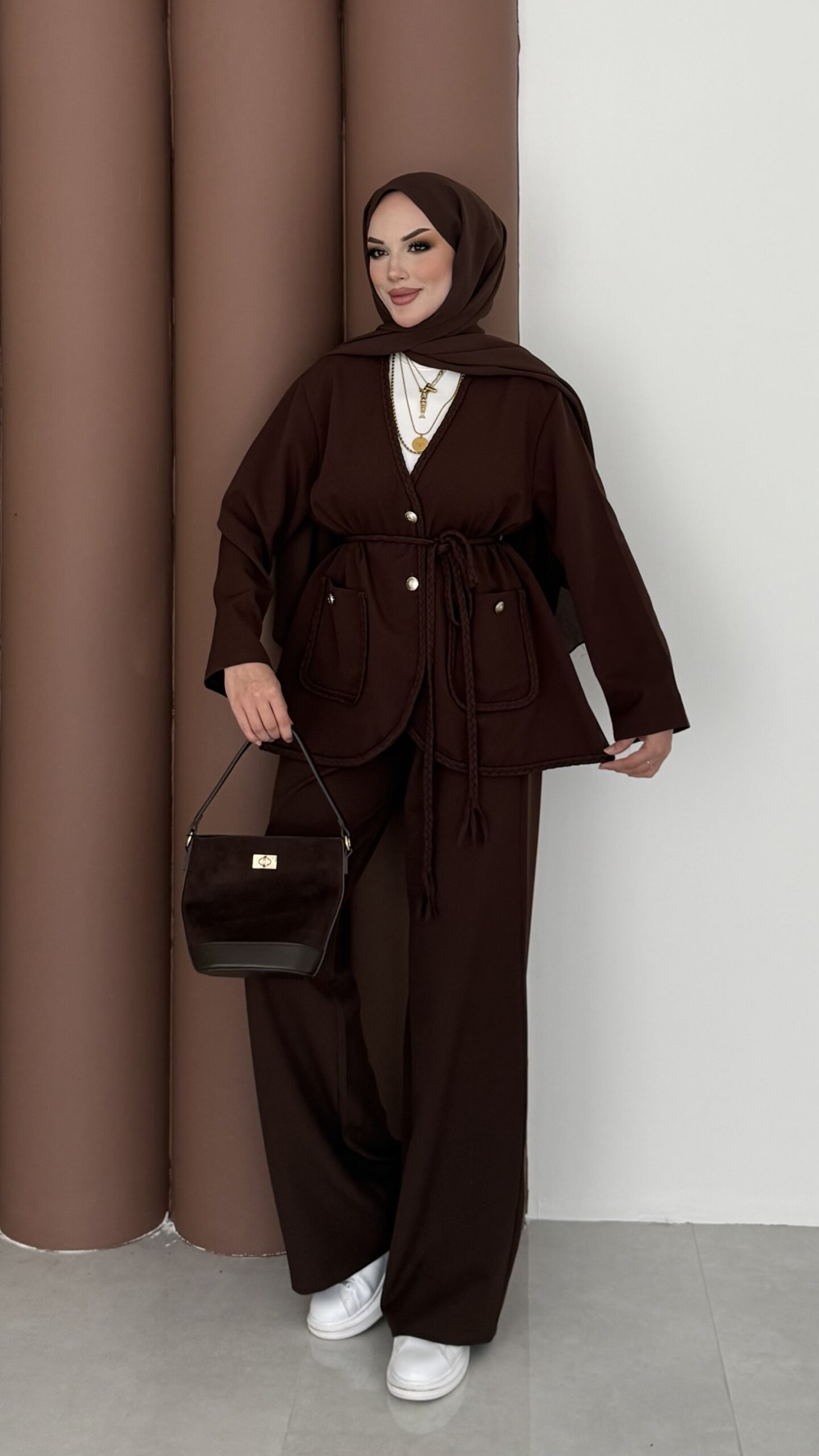 BuQlet Örgü Kemerli İkili Takım - Kahverengi