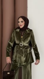 İconic Kadife Blazer İkili Takım - Haki - Görsel 4