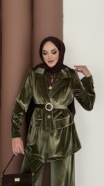 İconic Kadife Blazer İkili Takım - Haki - Görsel 7