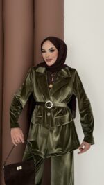 İconic Kadife Blazer İkili Takım - Haki - Görsel 8