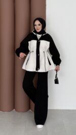 Peluş Garnili Şardonlu İkili Takım - Siyah