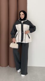 Peluş Garnili Şardonlu İkili Takım - Antrasit - Görsel 2