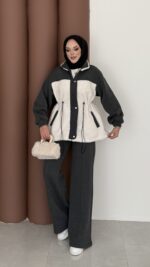 Peluş Garnili Şardonlu İkili Takım - Antrasit - Görsel 3