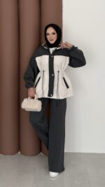 Peluş Garnili Şardonlu İkili Takım - Antrasit