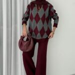 Muadil Baklavia Desen Triko İkili Takım - Bordo