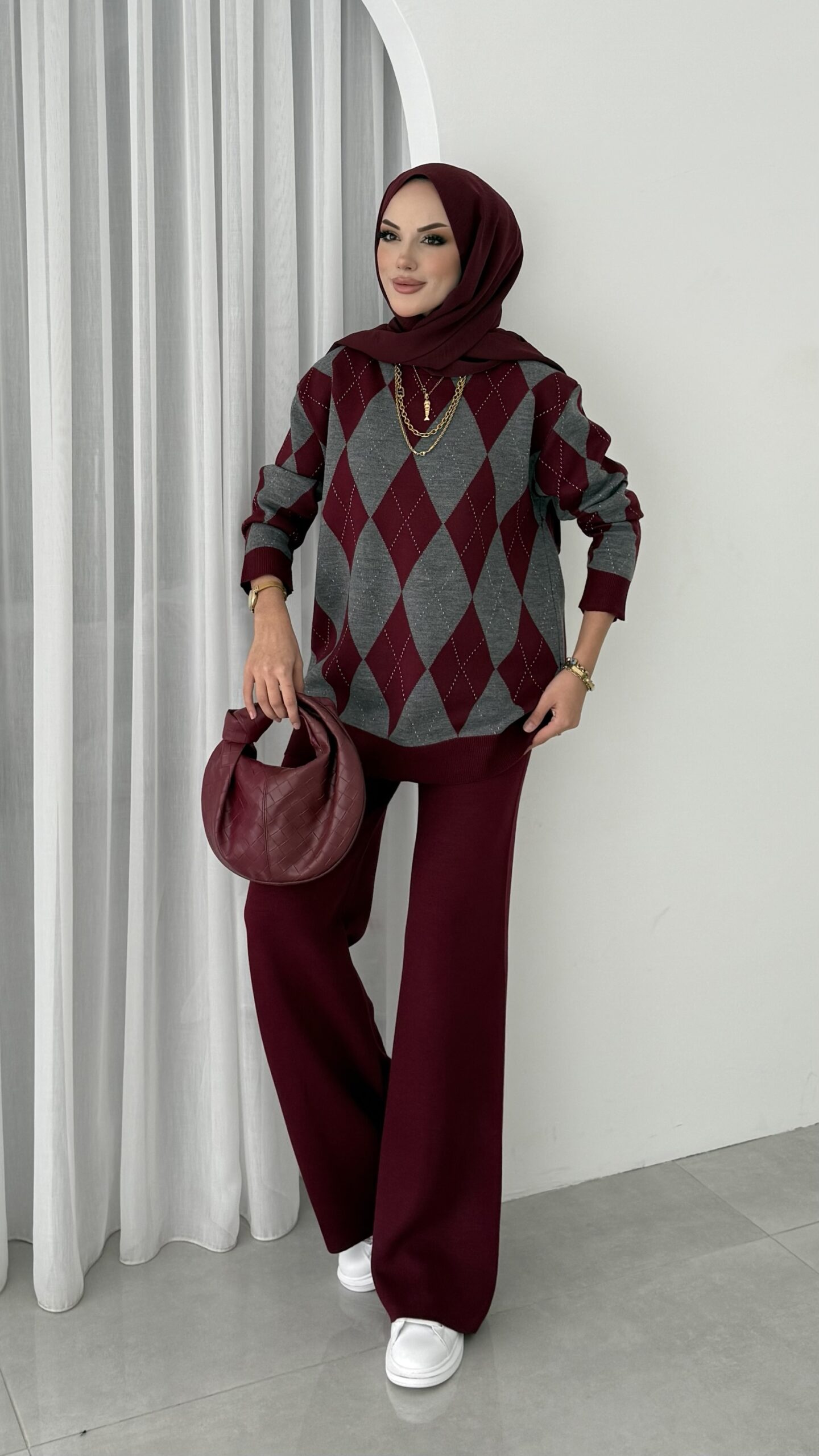 img_0107.jpeg Muadil Baklavia Desen Triko İkili Takım - Bordo - Görsel 1