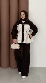 Peluş Garnili Şardonlu İkili Takım - Acı Kahverengi