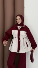 Peluş Garnili Şardonlu İkili Takım - Bordo - Görsel 6