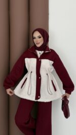 Peluş Garnili Şardonlu İkili Takım - Bordo - Görsel 5