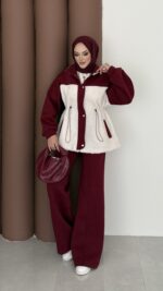 Peluş Garnili Şardonlu İkili Takım - Bordo - Görsel 4