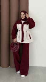 Peluş Garnili Şardonlu İkili Takım - Bordo - Görsel 2