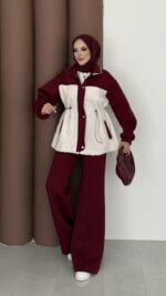 Peluş Garnili Şardonlu İkili Takım - Bordo - Görsel 3