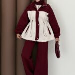 Peluş Garnili Şardonlu İkili Takım - Bordo