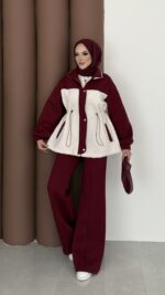 Peluş Garnili Şardonlu İkili Takım - Bordo