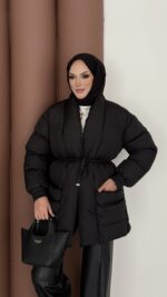 Muadil İp Bağlamalı Şişme Mont - Siyah - Görsel 2