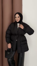 Muadil İp Bağlamalı Şişme Mont - Siyah - Görsel 3