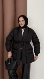 Muadil İp Bağlamalı Şişme Mont - Siyah