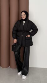 Muadil İp Bağlamalı Şişme Mont - Siyah - Görsel 6