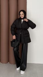 Muadil İp Bağlamalı Şişme Mont - Siyah - Görsel 7