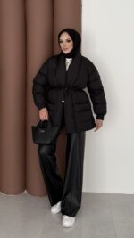 Muadil İp Bağlamalı Şişme Mont - Siyah - Görsel 5