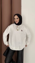 Ayıcık Baskılı Şardonlu Sweat - Beyaz