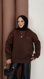 Ayıcık Baskılı Şardonlu Sweat - Kahverengi