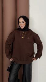 Ayıcık Baskılı Şardonlu Sweat - Kahverengi - Görsel 4