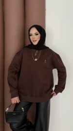 Ayıcık Baskılı Şardonlu Sweat - Kahverengi - Görsel 3