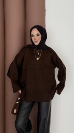 Bisiklet Yaka Oversize Kadın Kazak - Kahverengi