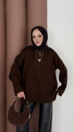 Bisiklet Yaka Oversize Kadın Kazak - Kahverengi - Görsel 2