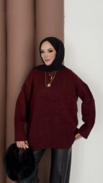 Bisiklet Yaka Oversize Kadın Kazak - Bordo - Görsel 3