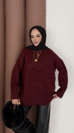 Bisiklet Yaka Oversize Kadın Kazak - Bordo - Görsel 4